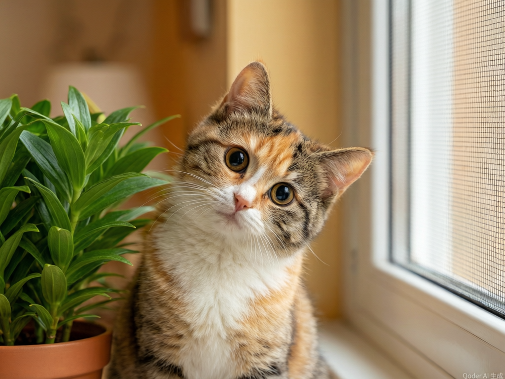 一只花色猫咪好奇地歪着头，窗户装有安全纱窗，家里温馨整洁
