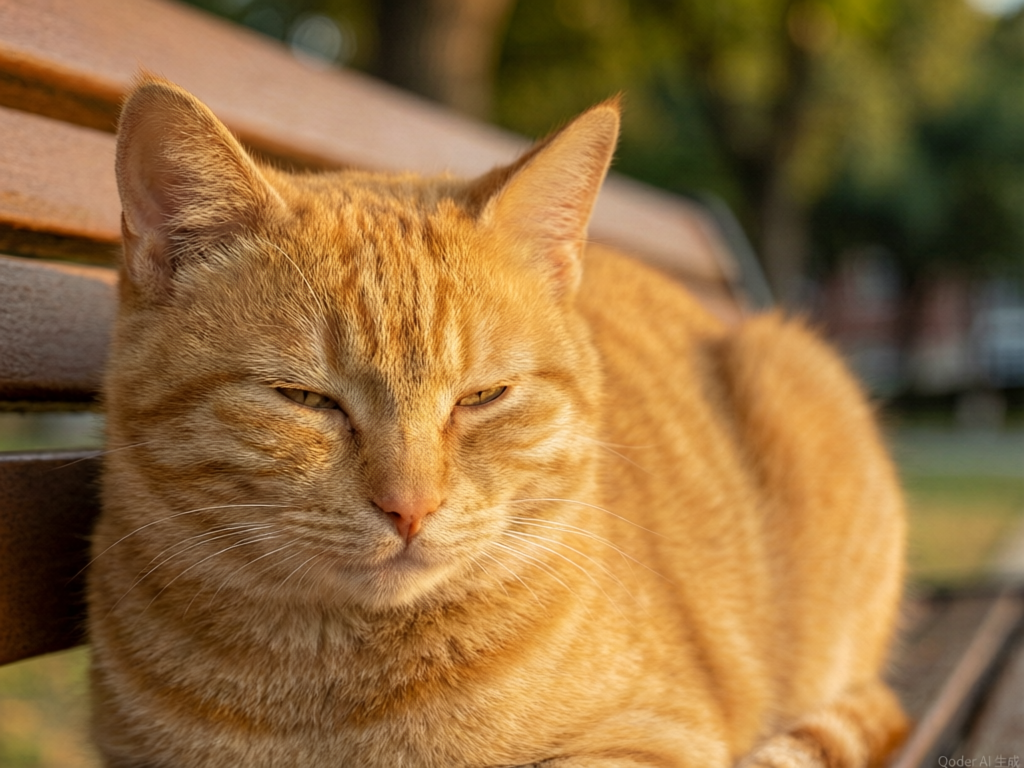 一只橘猫眯着眼睛，表情满足地趴在校园长椅上，阳光温暖